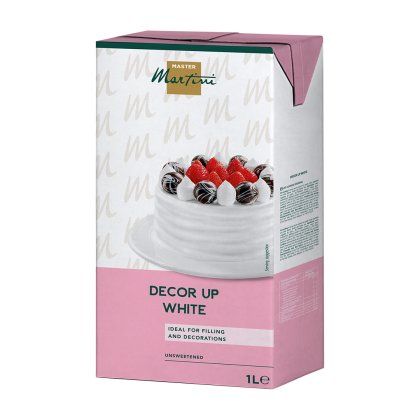 1升装 Master Martini Decor Up White 纸盒装,无糖,搭配装饰奶油蛋糕和草莓。