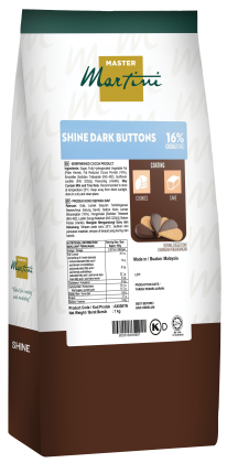 Master Martini Shine Dark Buttons 可可16%包装袋,棕白色配绿色顶部和饼干图标。