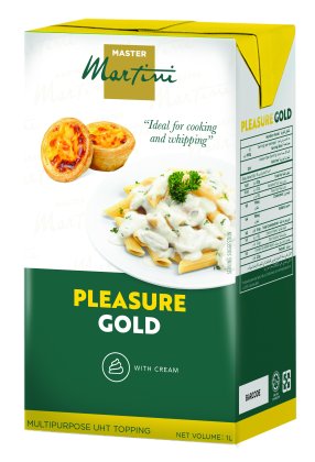 Master Martini Pleasure Gold UHT淡奶油装饰用纸盒装,1升,包装上印有葡式蛋挞和奶油意面图案。