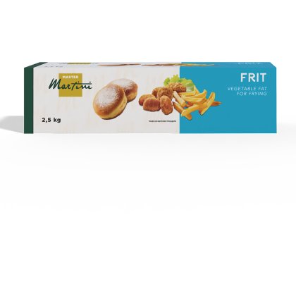 Master Martini Frit 植物煎炸油盒装，2.5公斤，图为甜甜圈、炸鸡块和薯条。